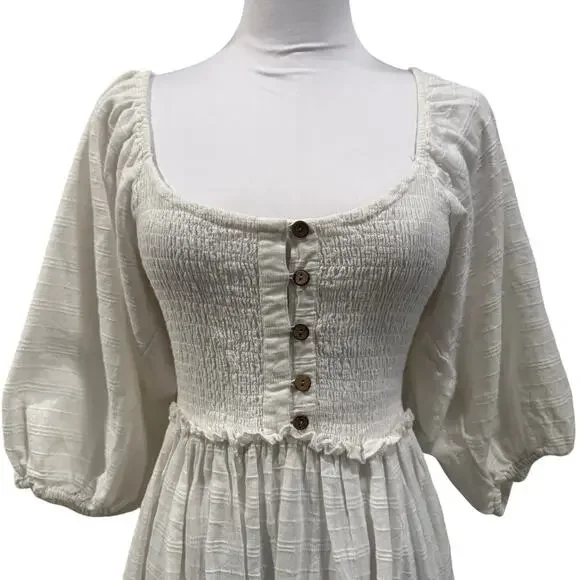 Free People White Picnic Mini Dress Cotton Smocked Puff Sleeve Coquette Cottage - Picture 4 of 9